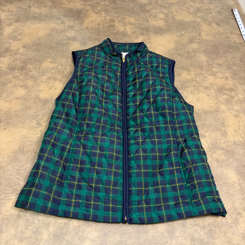 Croft & Barrow Quilted Vest Womens Large Green Navy Plaid Full Zip Cinch Back